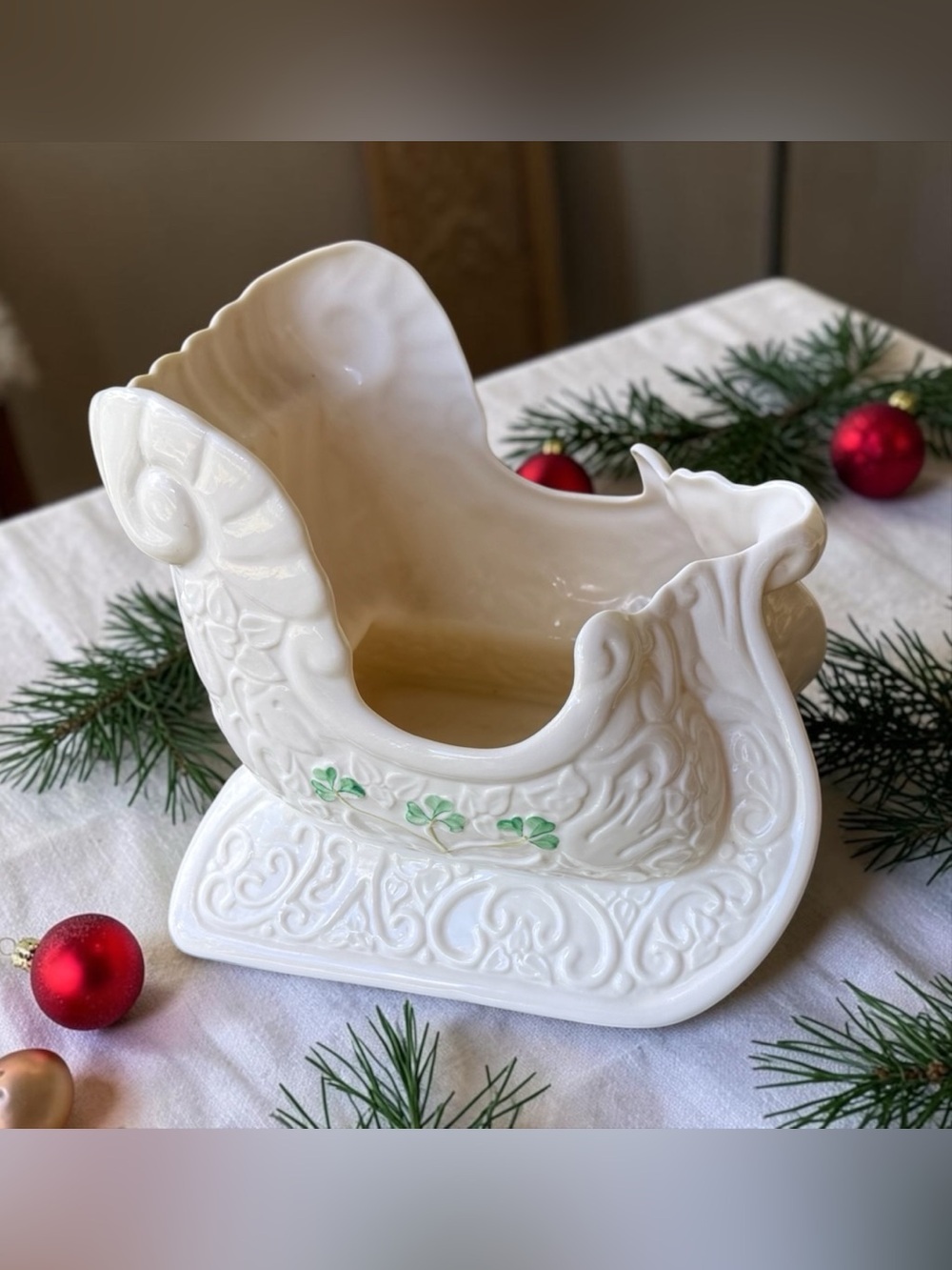 Belleek Ireland Shamrock Porcelain Christmas Sleigh Centerpiece Vase